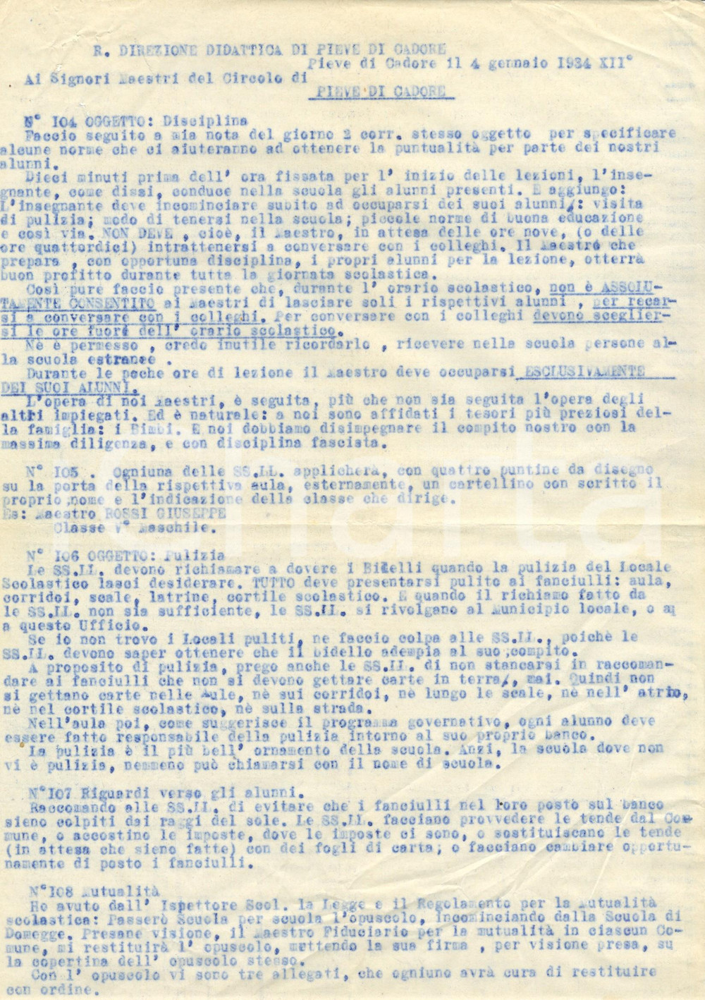 Documento originale, autentico 1934 PIEVE DI CADORE (BL) Puntualità degli alunni e pulizia dei bidelli *Lettera 1