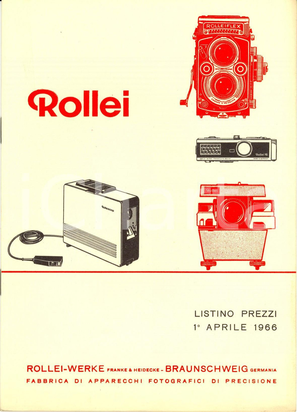 Materiale pubblicitario d’epoca 1966 MILANO Apparecchi fotografici di precisione ROLLEIWERKE Listino prezzi 1