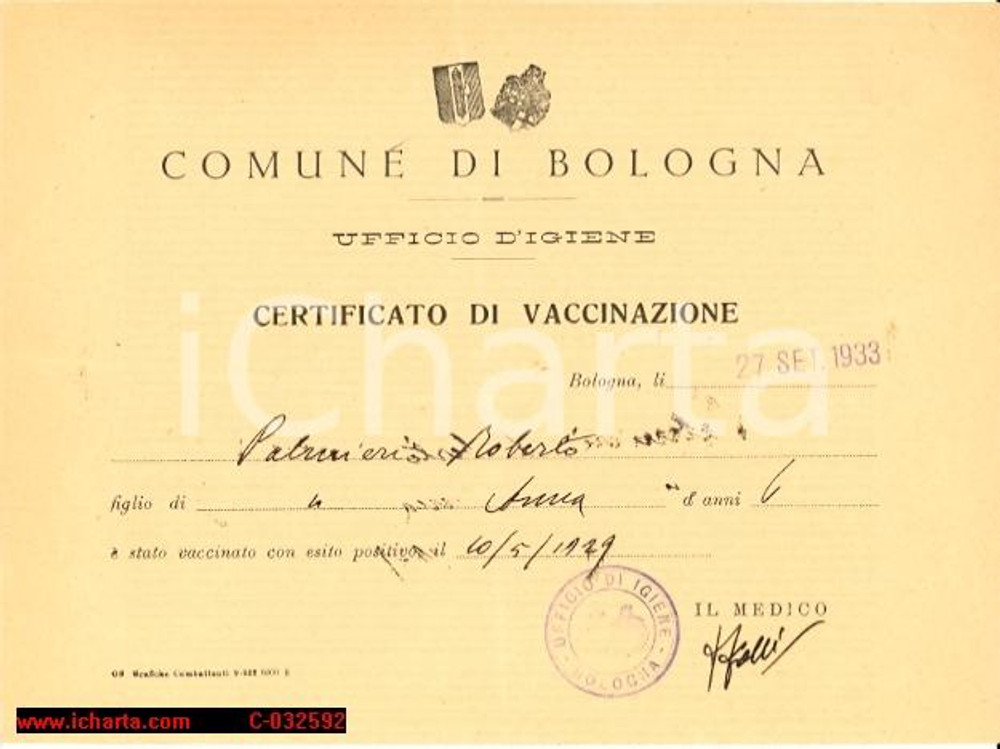 Documento originale, autentico 1933 BOLOGNA Certif. vaccinazione PALMIERI ROBERTO 1