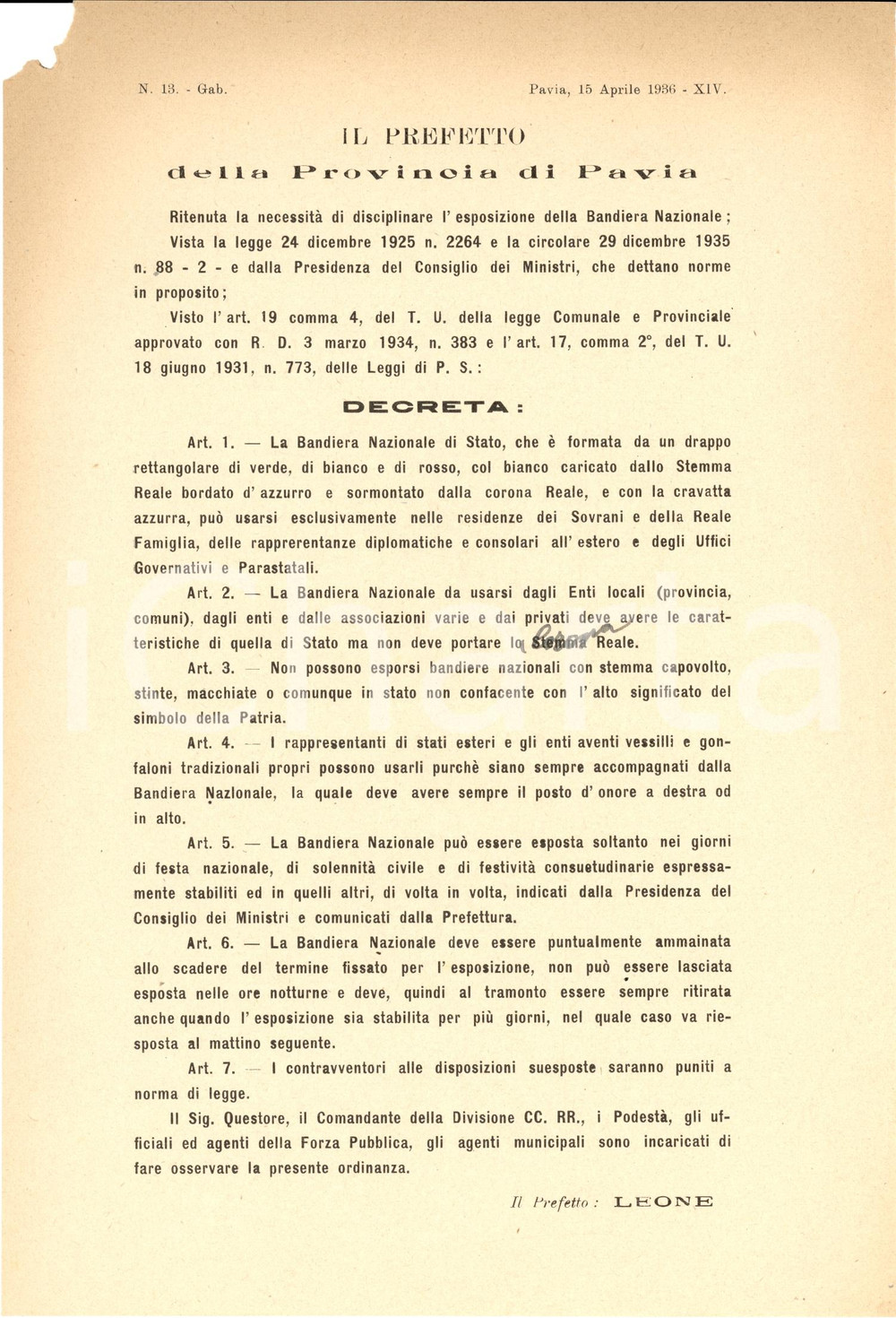 Documento originale, autentico 1936 PAVIA Caratteri ufficiali della Bandiera Nazionale  Decreto 1 1