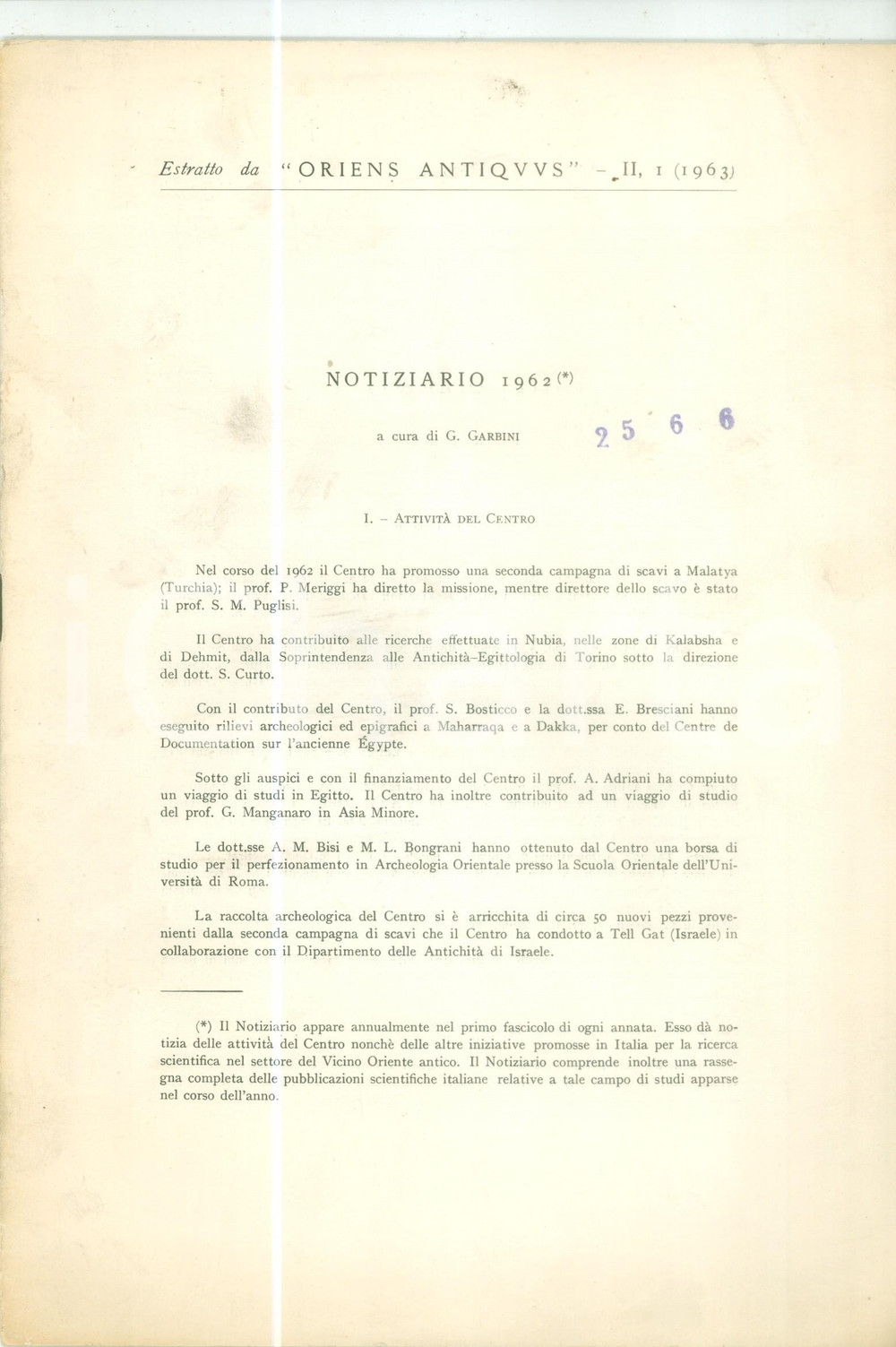 Libro, pubblicazione d epoca 1962 ORIENS ANTIQUUS Giovanni GARBINI Notiziario delle attivitÃ  del centro 1