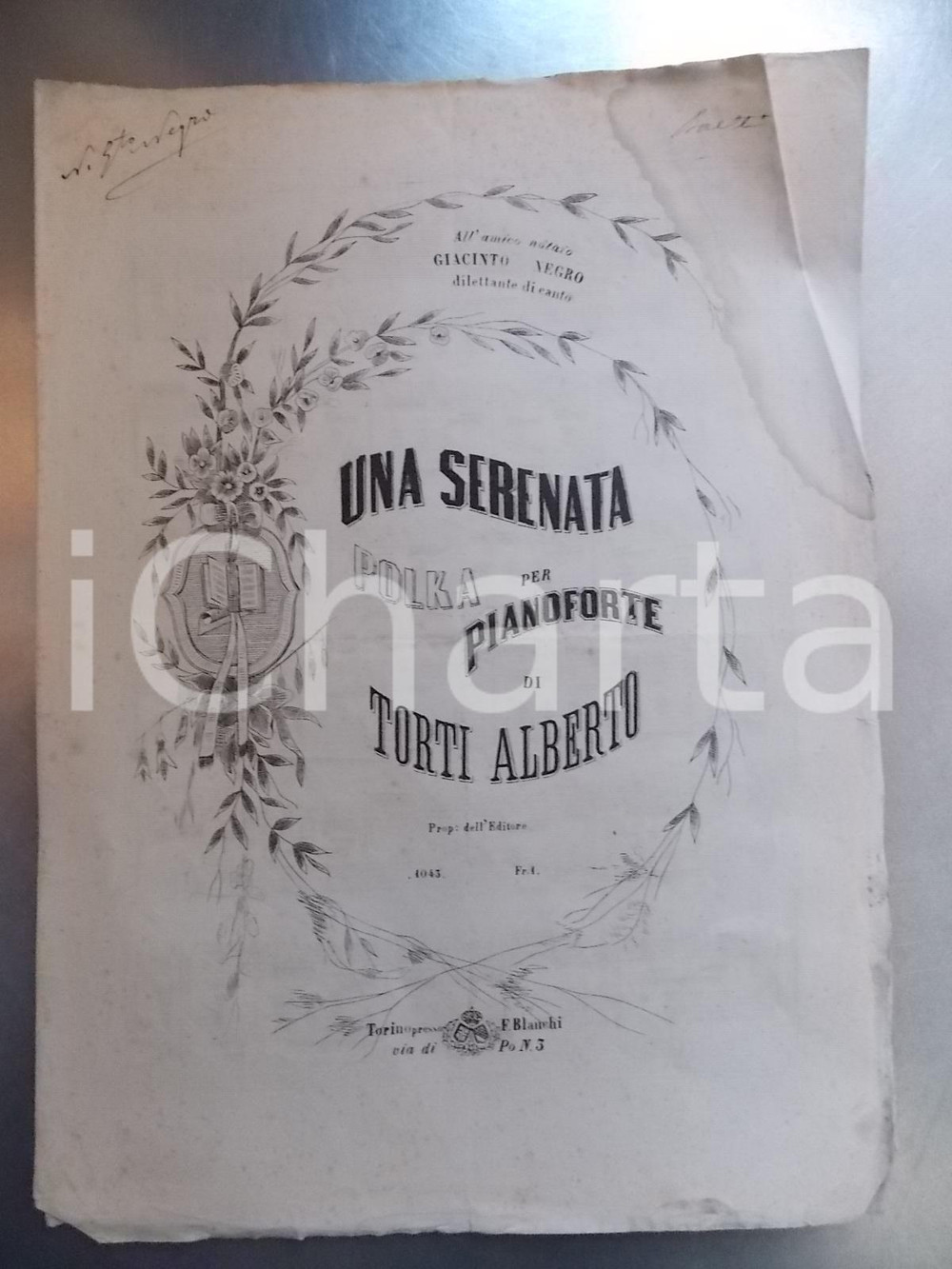 Oggetto da collezione cartaceo 1870 ca Alberto TORTI Una serenata - Polka per pianoforte *Ed. BLANCHI 1