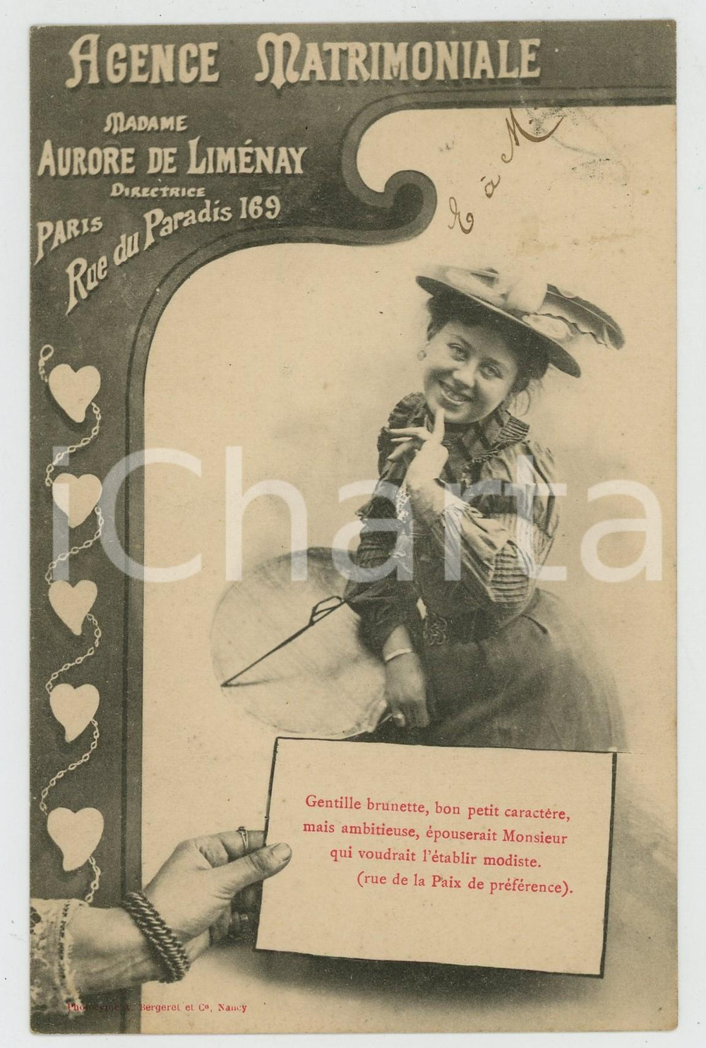 1903 PARIS Agence matrimoniale Aurore de LIMENAY - Carte postale brunette  Cartolina pubblicitaria, originale d'epoca, viaggiata. GOOD/buono  Formato: 14x9 cm originale e autentica 1