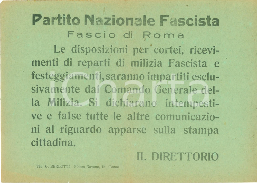 Documento originale, autentico 1935 ca ROMA Solo la Milizia MVSN può impartire norme per cortei Volantino 1