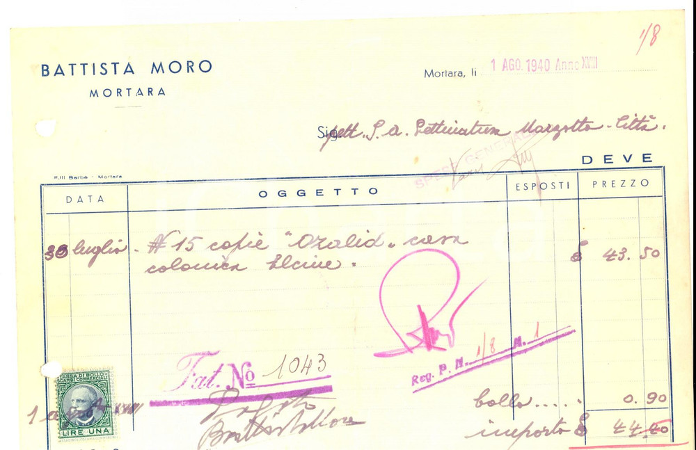 Documento originale, autentico 1940 MORTARA Ditta Battista MORO Fattura intestata con bollo 1