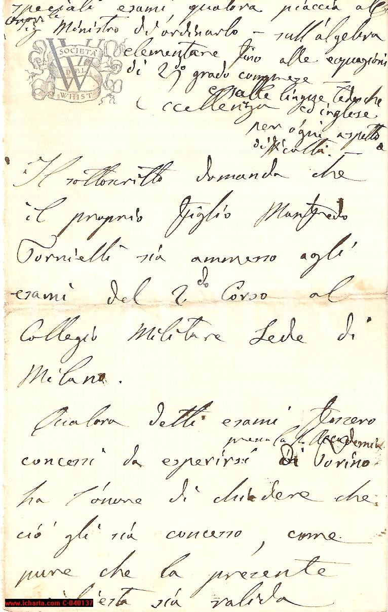 Manoscritto, lettera originale 1870 TORINO Esami Accademia militare TORNIELLI Whist 1