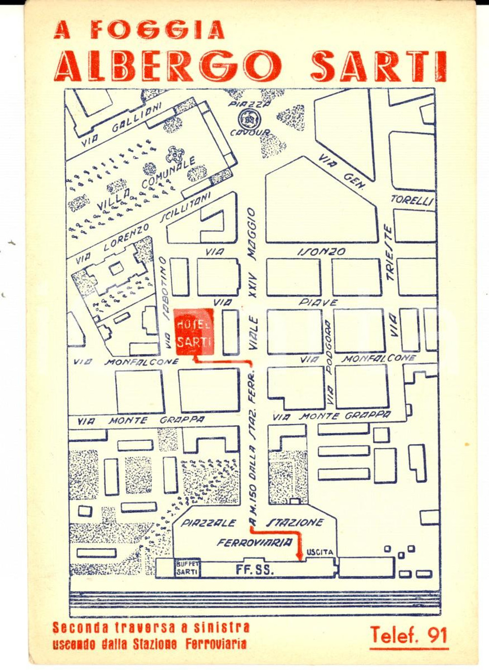 Cartolina originale da collezione 1950 ca FOGGIA Albergo SARTI  Mappa Cartolina pubblicitaria ILLUSTRATA FG NV 1