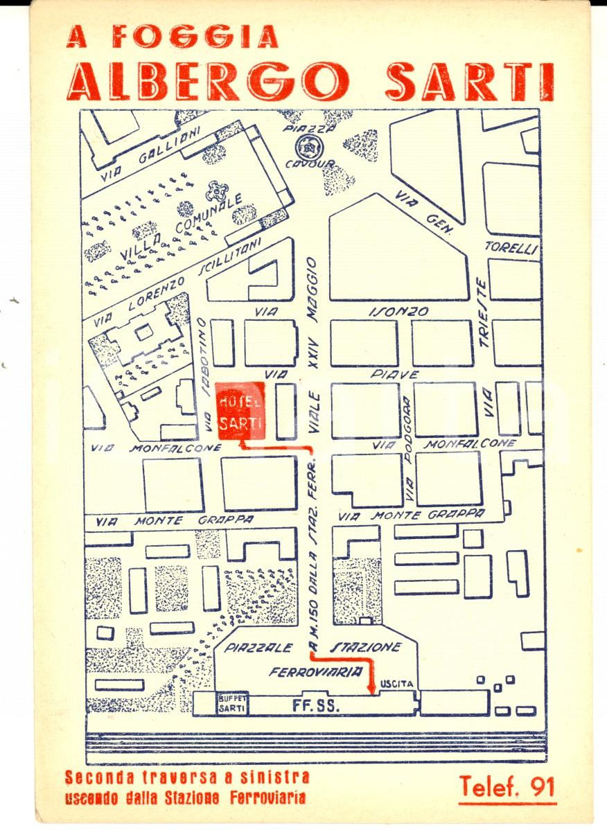 Cartolina originale da collezione 1950 ca FOGGIA Albergo SARTI  Mappa Cartolina pubblicitaria ILLUSTRATA FG NV 1