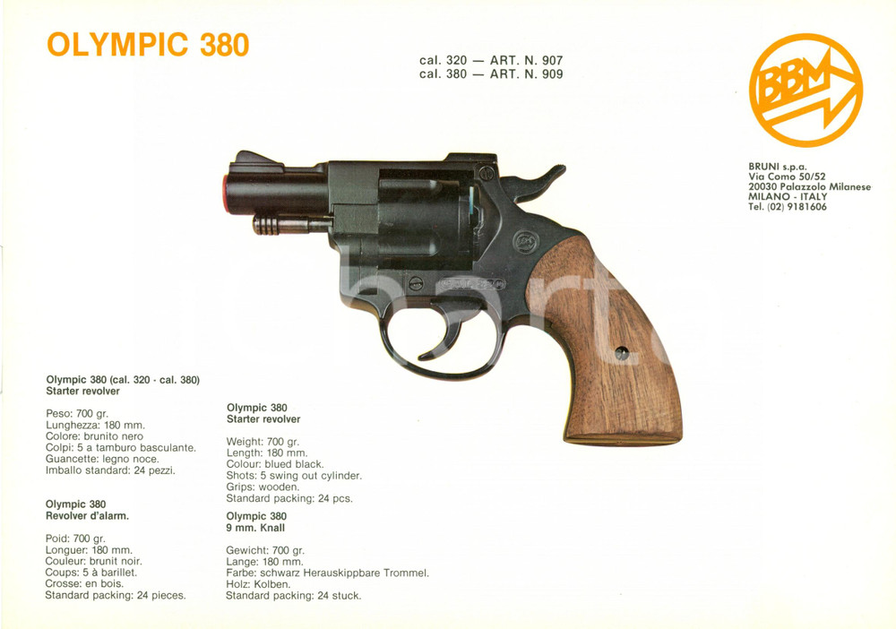 Materiale pubblicitario d’epoca 1985 MILANO Revolver OLYMPIC cal. 380 BBM BRUNI Scheda 1