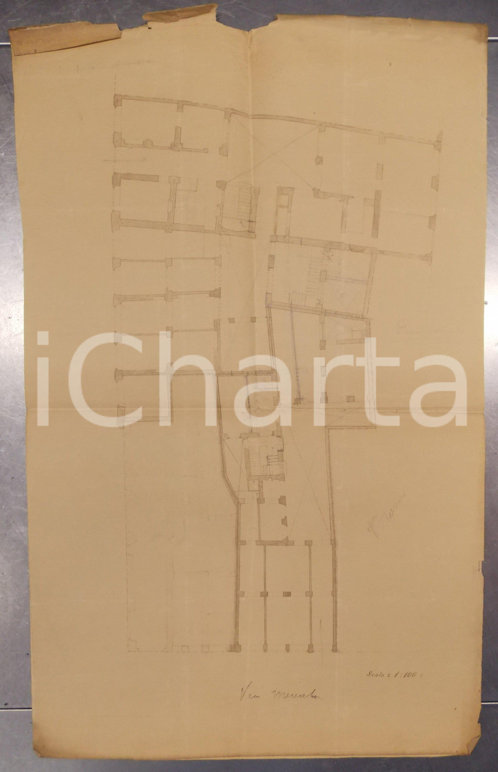 Mappa, planimetria storica 1940 ca MILANO Architetto Ferruccio BIGI Planimetria casa civile Via MERCATO 1