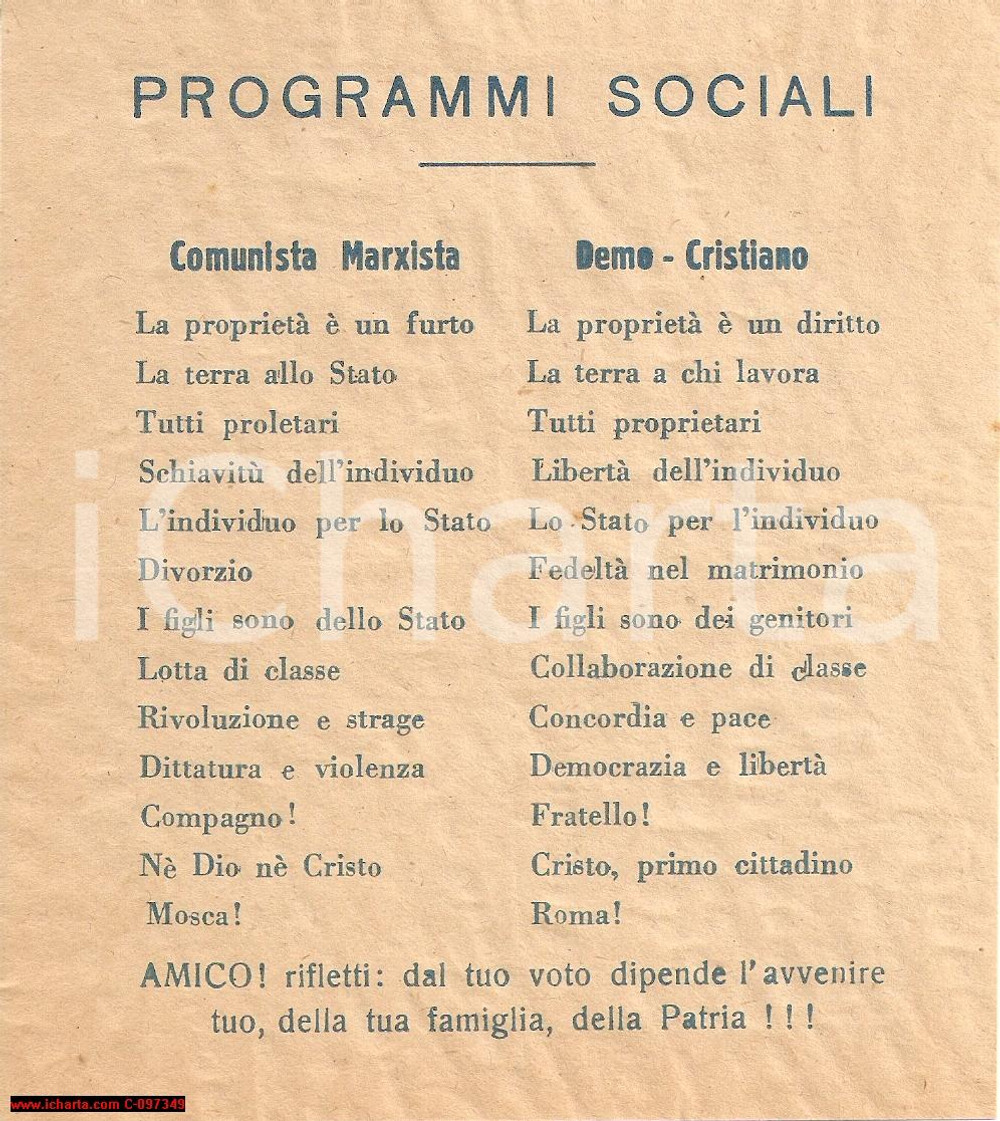 Oggetto da collezione cartaceo 1948 ELEZIONI Programmi sociali DEMOCRAZIA CRISTIANA 1