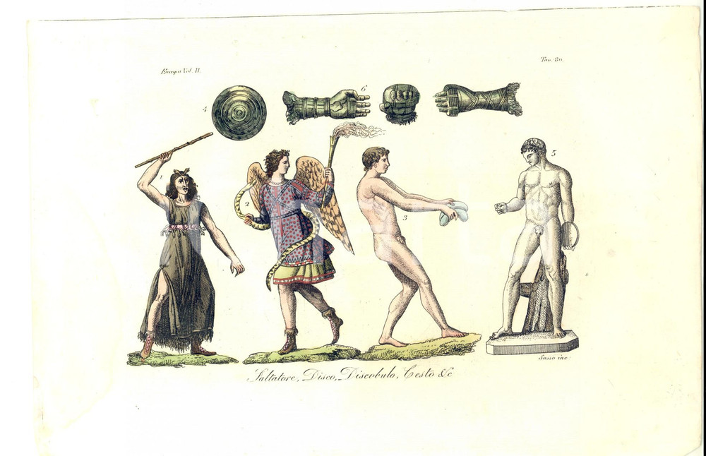 Stampa, bozzetto originale 1826 FERRARIO COSTUME EUROPA Saltatore, Disco, Discobulo, Cesto Inc. SASSO 1