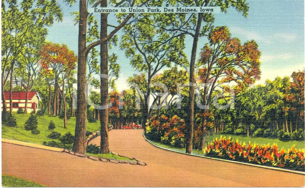 Cartolina originale da collezione 1930 ca DES MOINES, IOWA USA L ingresso a UNION PARK Cartolina FP NV 1