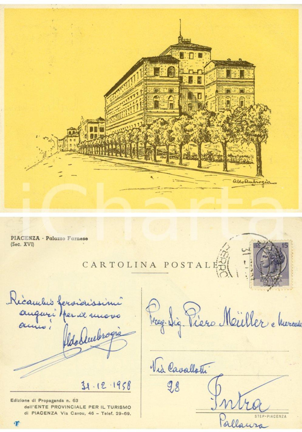 Autografo originale 1958 PIACENZA Palazzo Farnese *Cartolina Ente Turismo autografo ALDO AMBROGIO 1