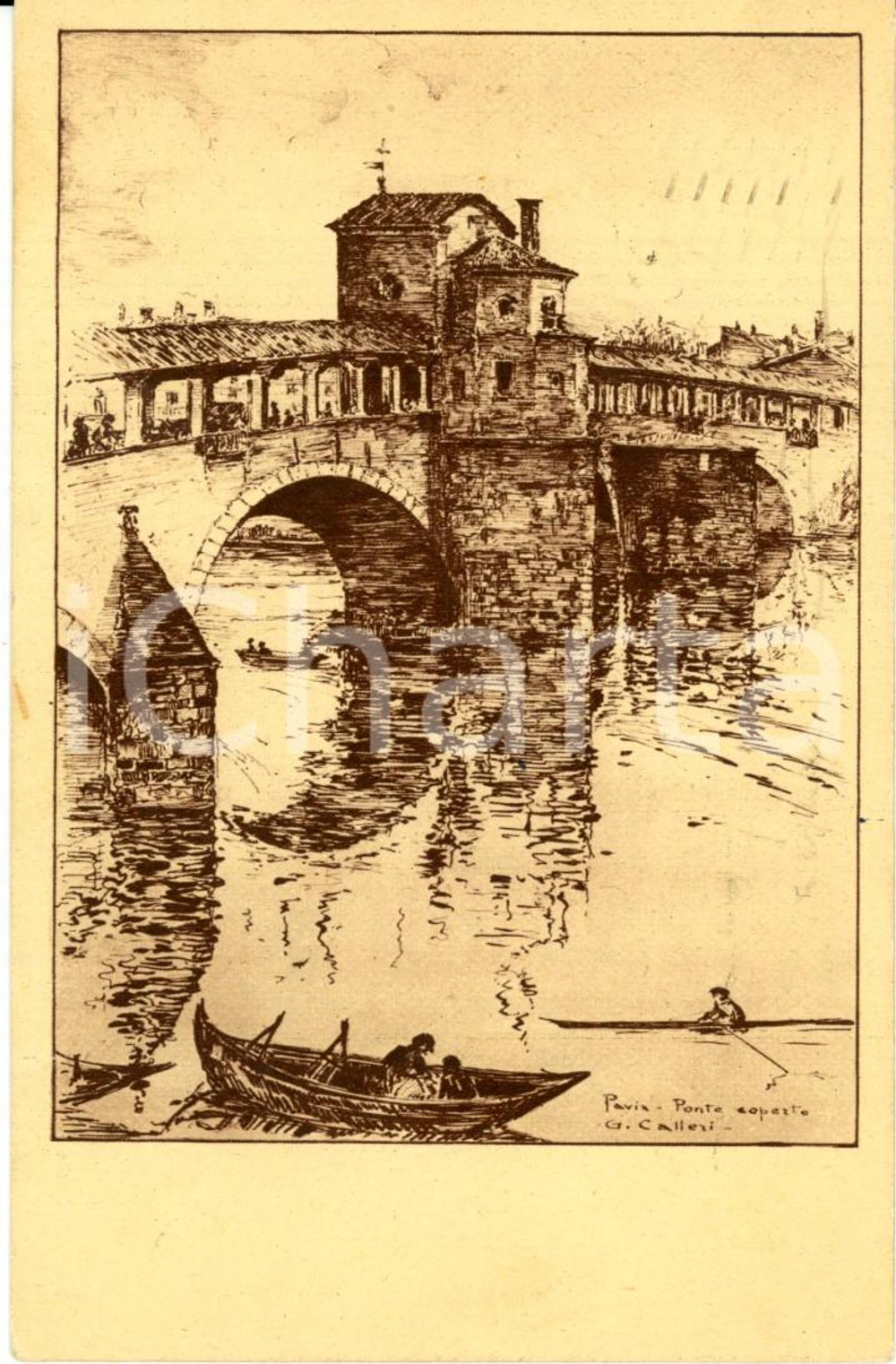 Cartolina originale da collezione 1946 PAVIA Ponte coperto - Illustratore  CALLERI *Cartolina FP VG 1