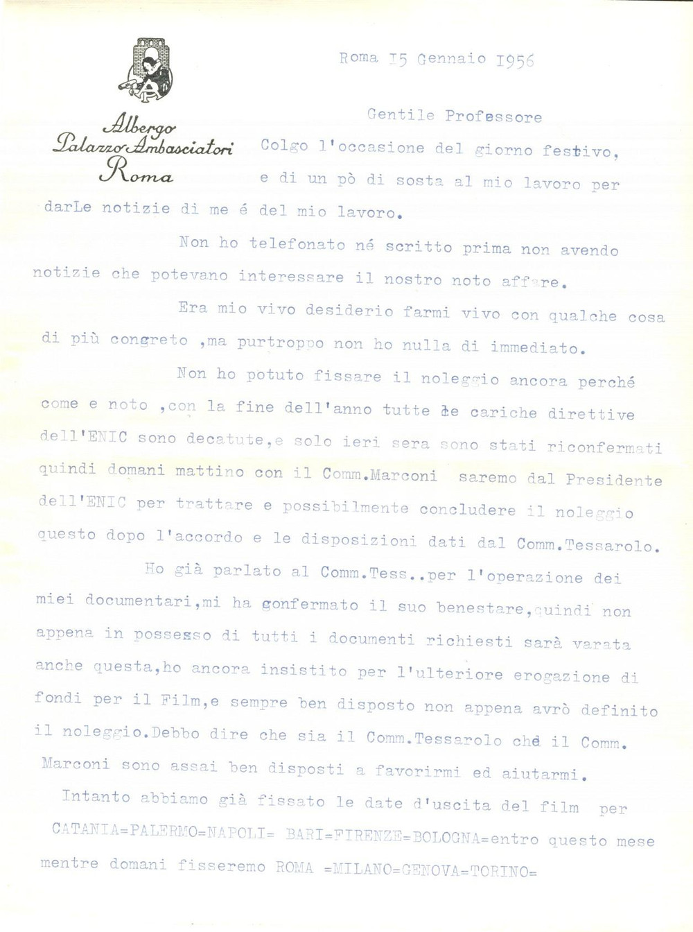 Manoscritto, lettera originale 1956 ROMA CINEMA Alfio AMORE chiede fondi per documentari *Autografo 1