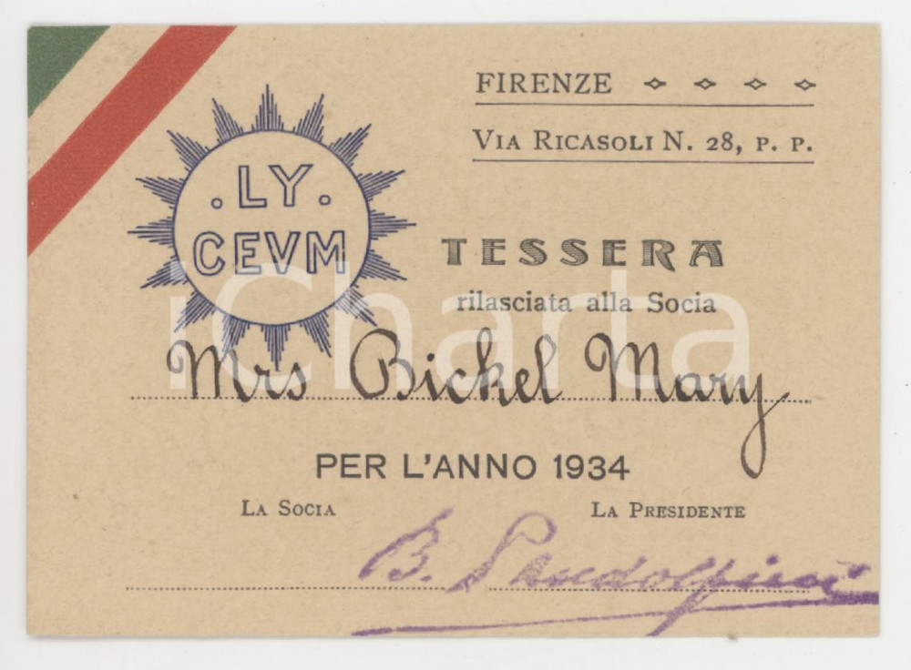 1934 FIRENZE - LYCEUM Tessera di Mary BICKEL 9x6 cm
