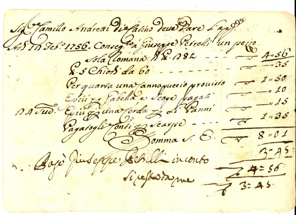 Documento originale, autentico 1756 POGGIO CATINO RI Ricevuta Camillo ANDRETTI per chiodi e canapuccio 1