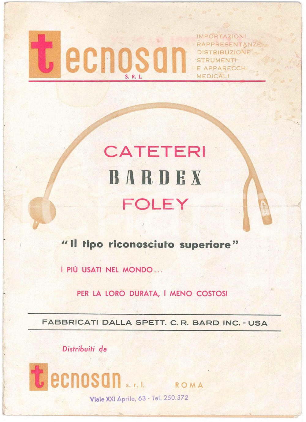 Materiale pubblicitario d’epoca 1950 ca ROMA  TECNOSAN Cateteri Foley BARDEX  Pieghevole pubblicitario 1