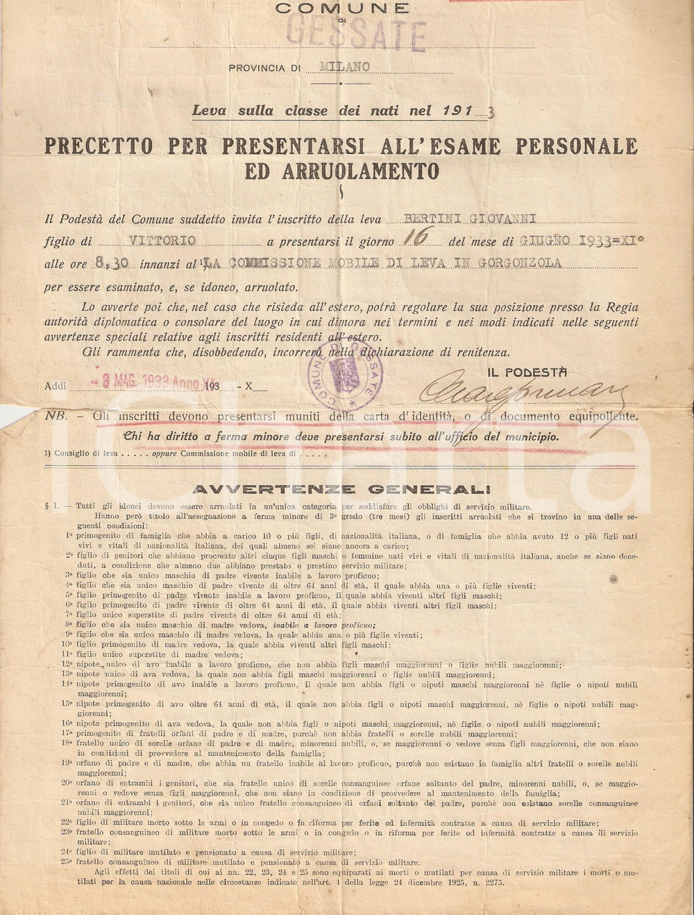 Documento originale, autentico 1933 GESSATE (MI) Arruolamento Giovanni BERTINI 1