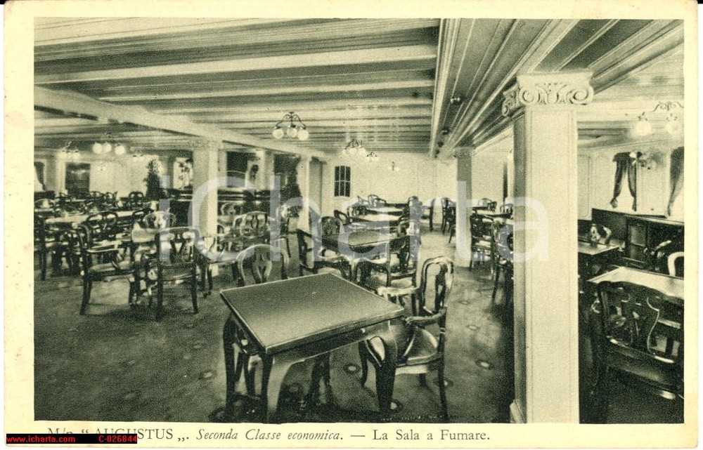 Cartolina originale da collezione 1926 Motonave Augustus  Sala Fumo II Classe, liner NGI nave 1