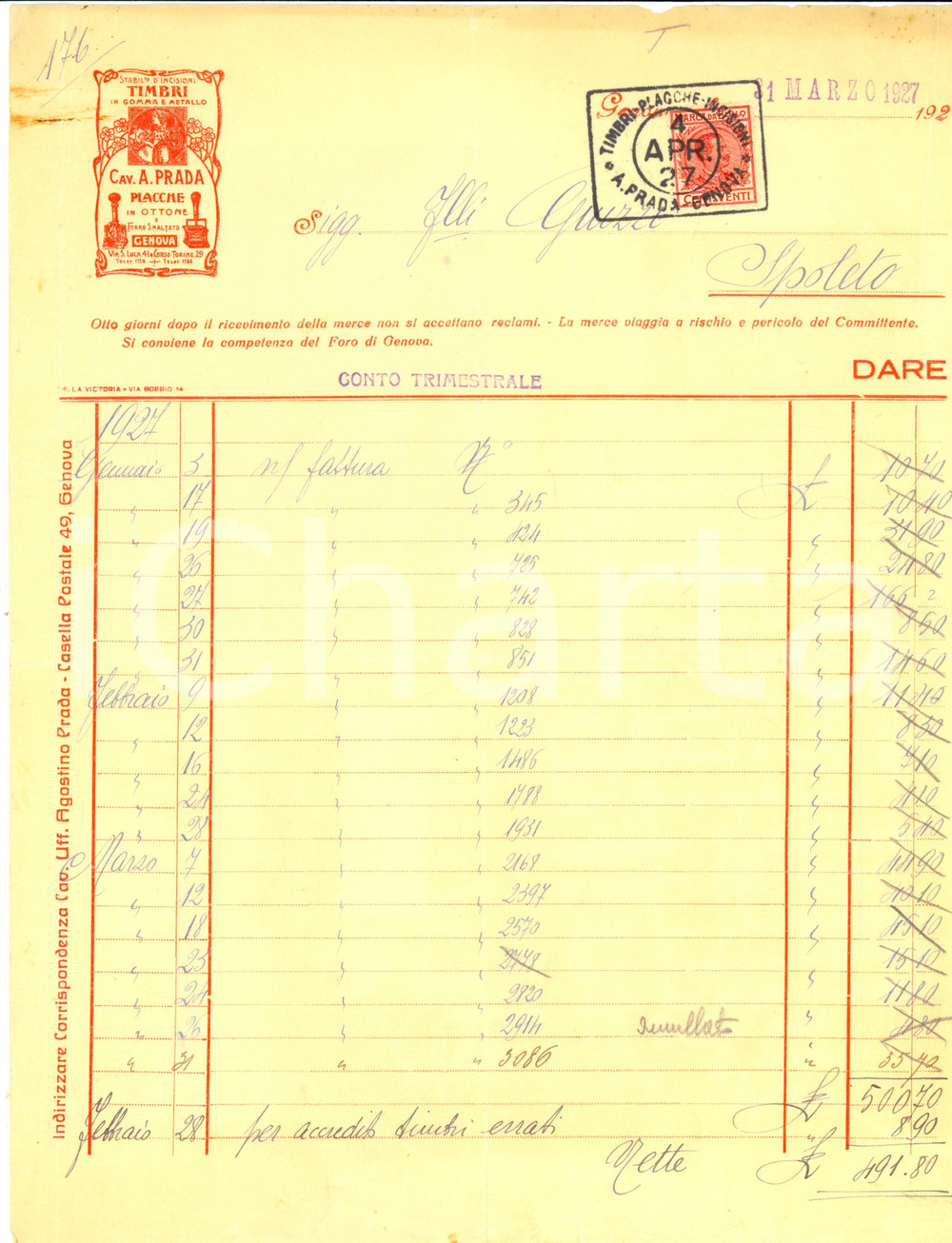 Documento originale, autentico 1927 GENOVA Ditta Cavalier PRADA Timbri placche incisioni Fattura DANNEGGIATA 1