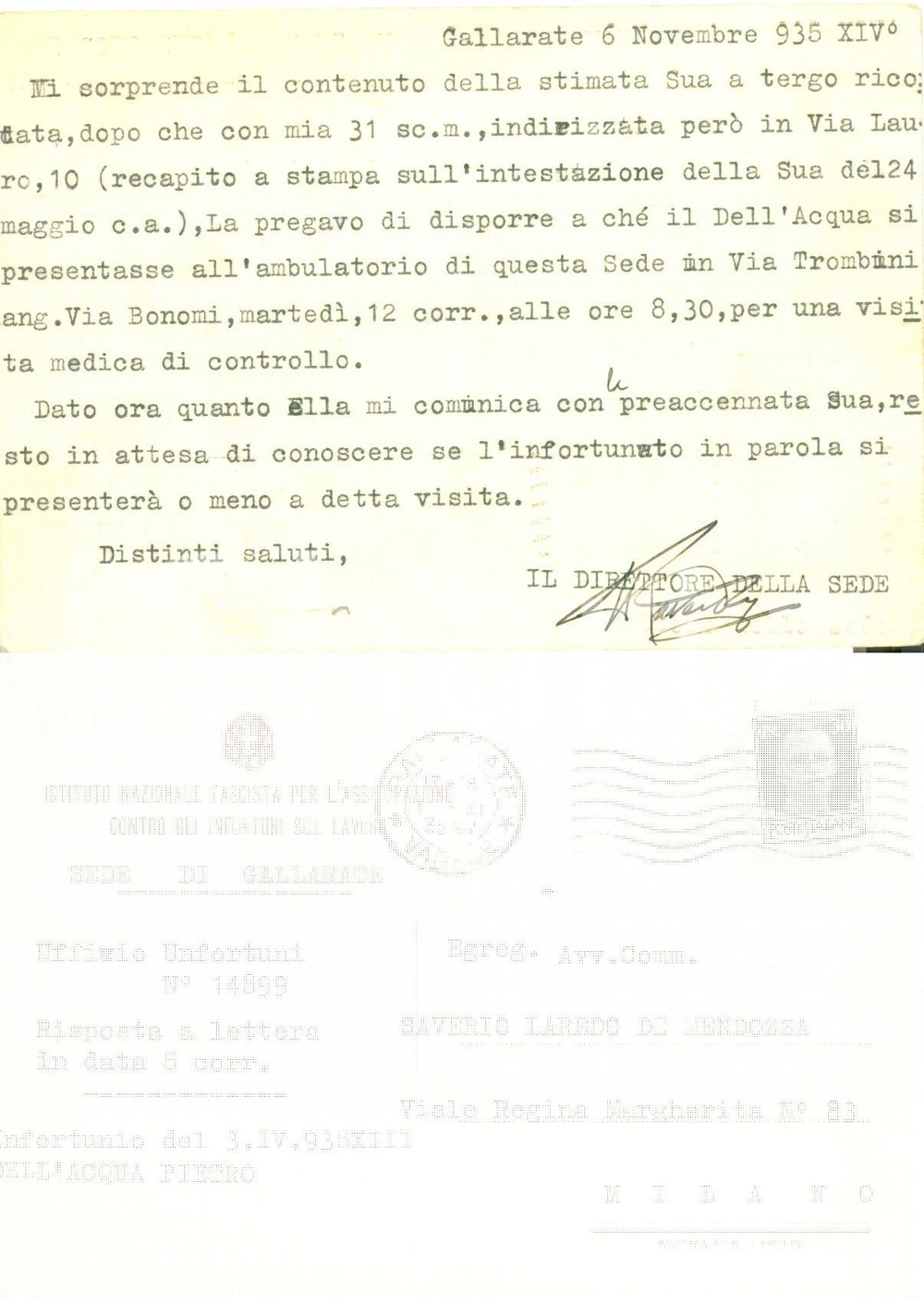 Documento originale, autentico 1935 GALLARATE MI Infortunato Pietro DELL ACQUA Saverio Laredo DE MENDOZA FG 1