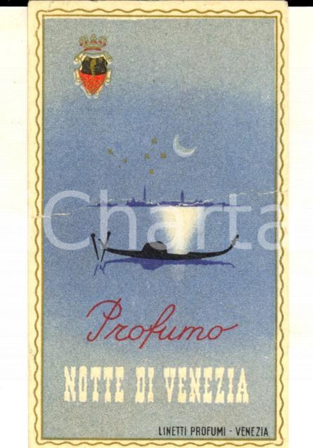 Materiale pubblicitario d’epoca 1940 ca VENEZIA Ditta LINETTIPROFUMI Cartoncino profumo NOTTE DI VENEZIA 5x8 1