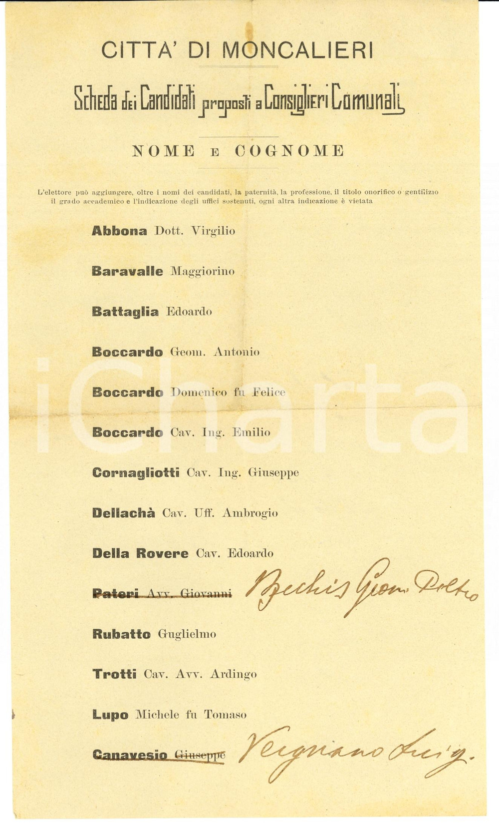 Documento originale, autentico 1890 MONCALIERI Scheda candidati a Consiglieri Comunali 1