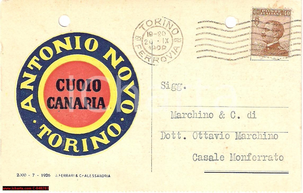 Materiale pubblicitario d’epoca 1926 TORINO Antonio NOVO Cuoio CANARIA pubblicitÃ 1