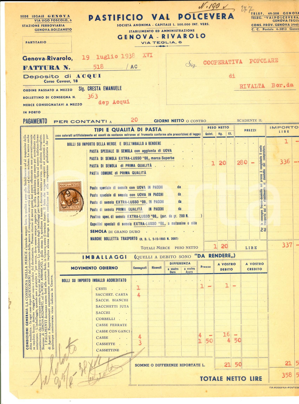 Documento originale, autentico 1938 GENOVA RIVAROLO Pastificio VAL POLCEVERA Fattura intestata con bollo 1