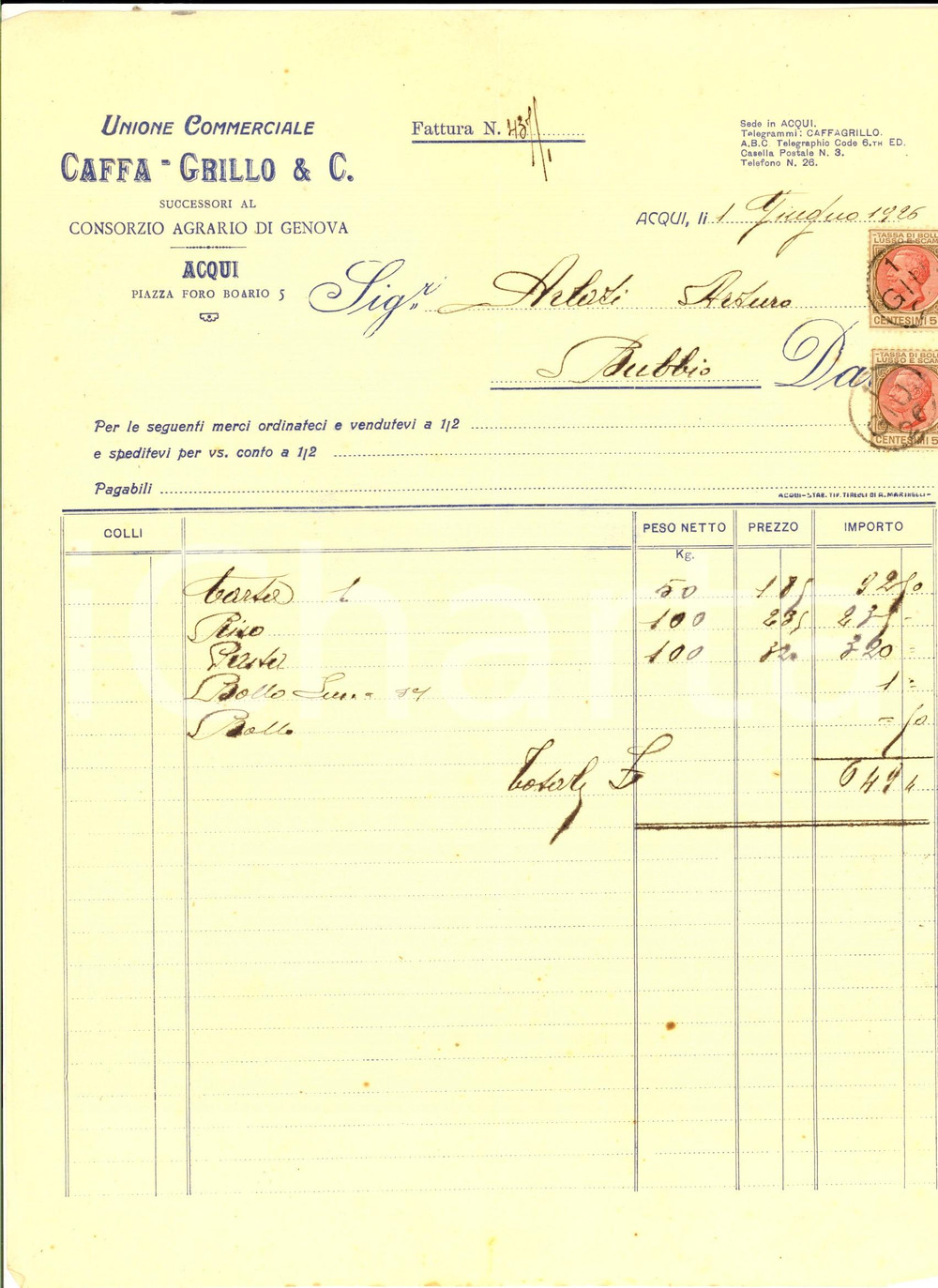 Documento originale, autentico 1926 ACQUI TERME Unione Commerciale CAFFA  GRILLO & C. Fattura intestata 1