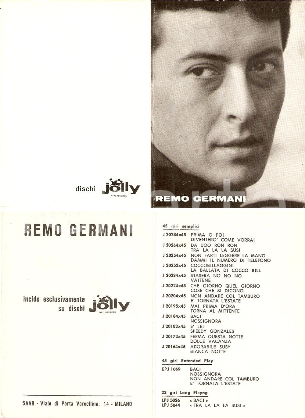 Cartolina originale da collezione 1965 ca MUSICA Remo GERMANI Discografia Ed. DISCHI JOLLY Pieghevole 7x10 cm 1