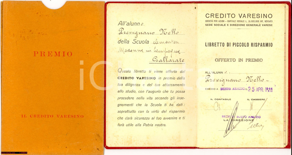 Oggetto da collezione cartaceo 1944 CREDITO VARESINO di BUSTO ARSIZIO Libretto premio piccolo risparmio 1