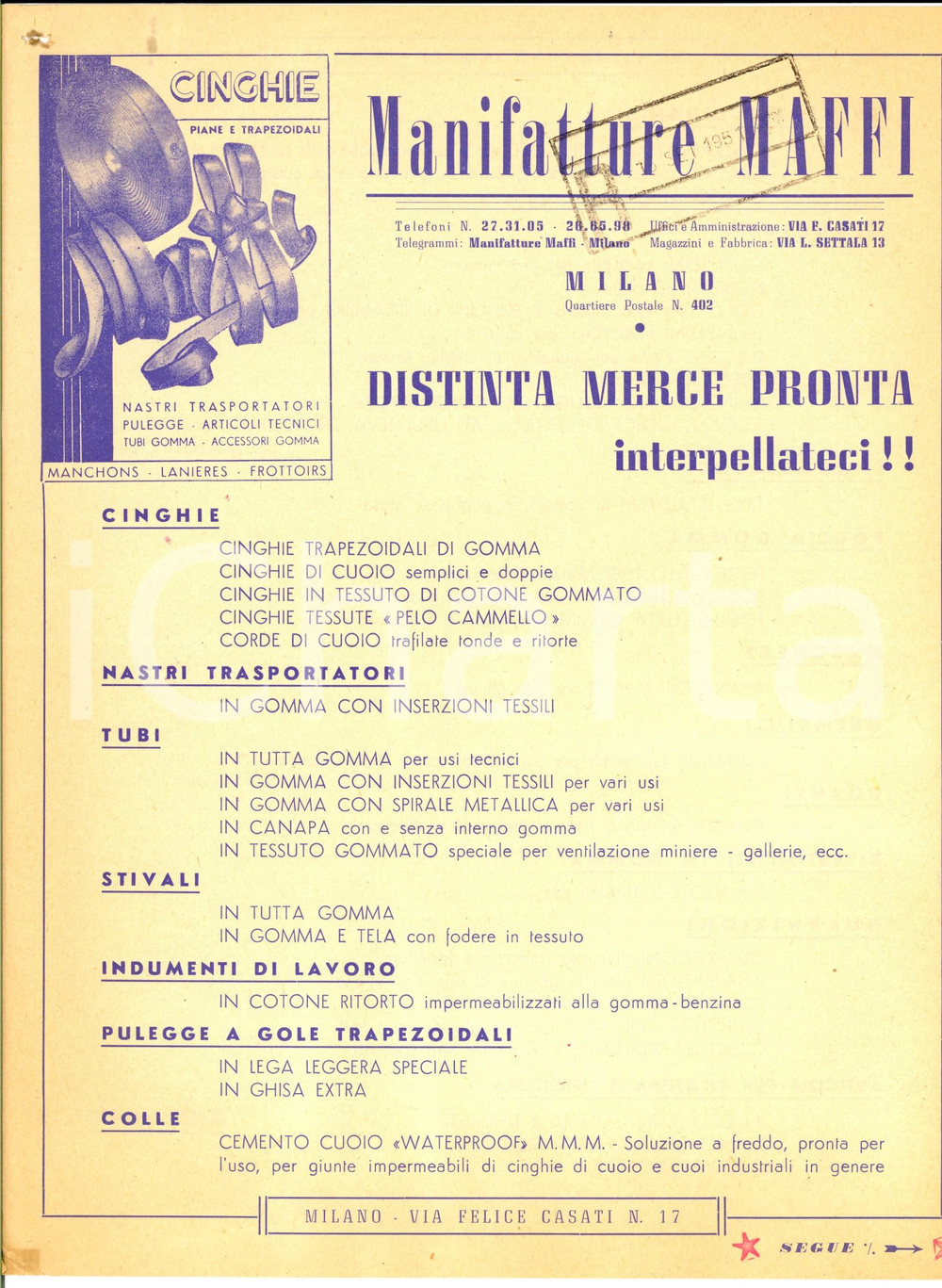 Materiale pubblicitario d’epoca 1951 MILANO Manifatture MAFFI Cinghie e articoli in gomma Volantino 1
