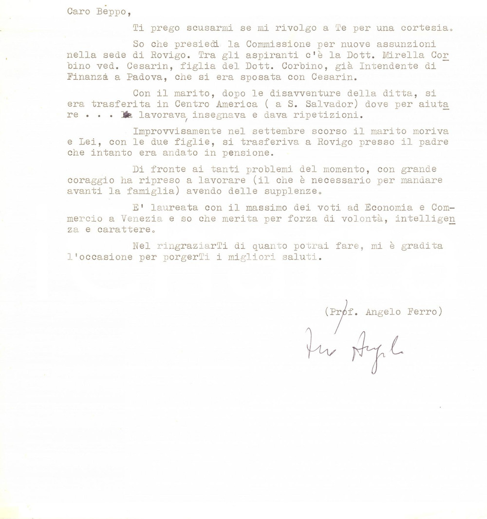 Autografo originale 1976 PADOVA Lettera prof. Angelo FERRO per assunzione  AUTOGRAFO 1