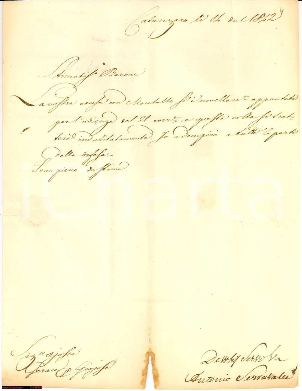 Manoscritto, lettera originale 1842 GERACE RC SERRAVALLE difende don Raffaele AJOSSA 1