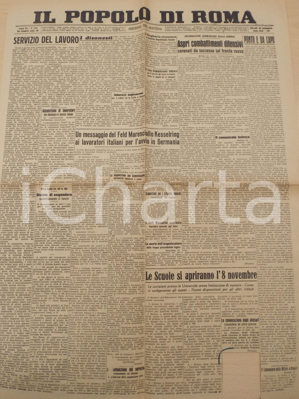 Giornale, rivista storica 1943 WW2 IL POPOLO DI ROMA RSI Feldmaresciallo KESSERING agli italiani Giornale 1