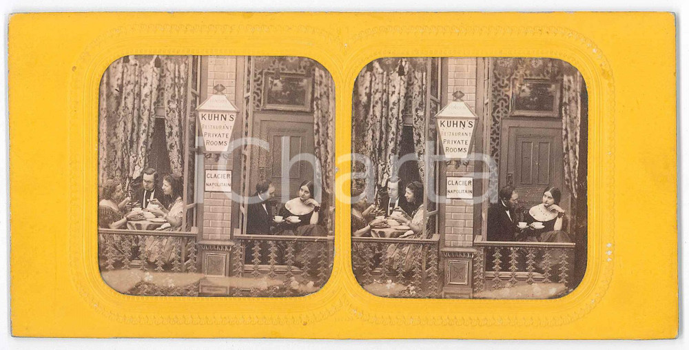 1890 ca COSTUME - PARIS - Scena ai tavolini di un caffè - Foto stereoscopica Fotografia stereoscopica d'epoca, su cartoncino rigido. GOOD/buono  Formato: 18x9 cm originale e autentica 1