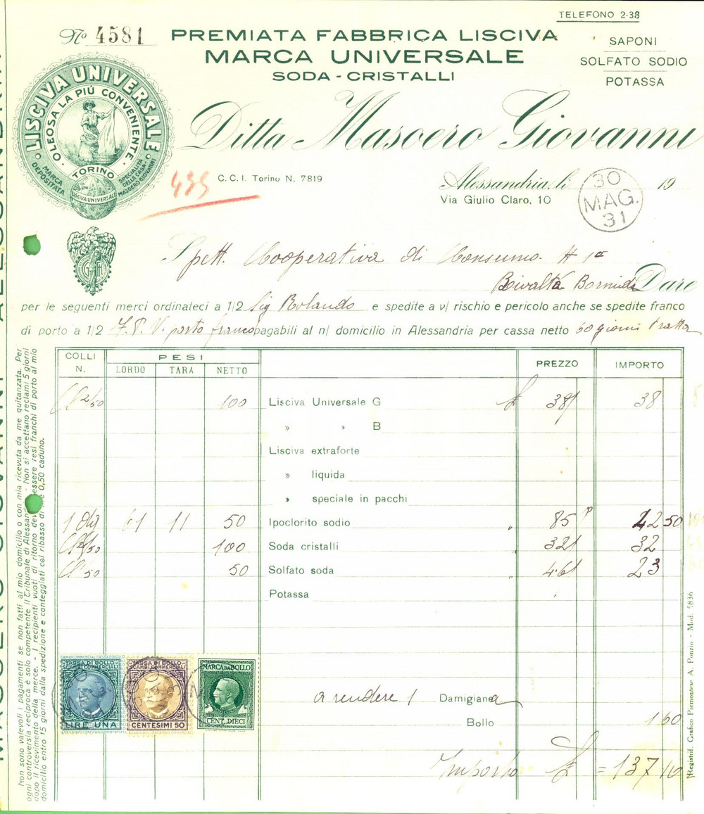Documento originale, autentico 1931 ALESSANDRIA Ditta Giovanni MASOERO fabbrica lisciva Fattura intestata 1