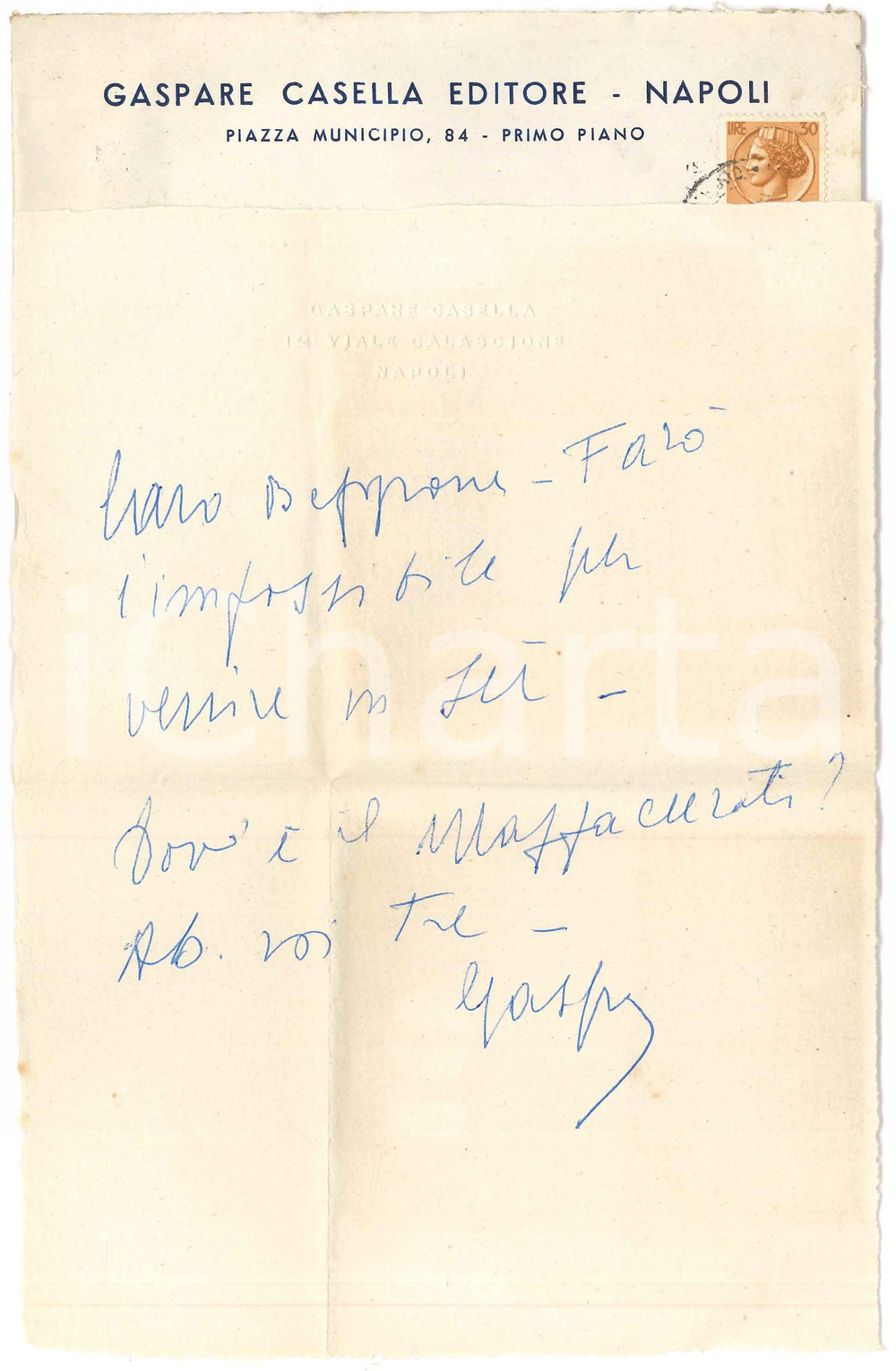 Autografo originale 1960 NAPOLI Lettera libraio Gaspare CASELLA per appuntamento Autografo 1
