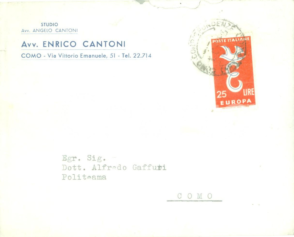 Materiale pubblicitario d’epoca 1958 COMO STORIA POSTALE Avvocato Enrico CANTONI Busta intestata priva contenuto 1