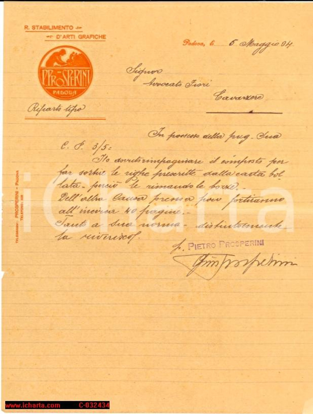 Documento originale, autentico 1904 Padova ARTI GRAFICHE PROSPERINI PADOVA Lettera intestata 1