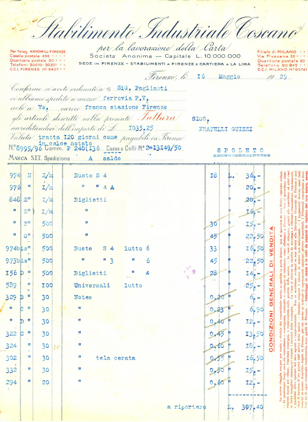 Documento originale, autentico 1929 FIRENZE Stabilimento Industriale Toscano per lavorazione CARTA DANNEGGIATA 1