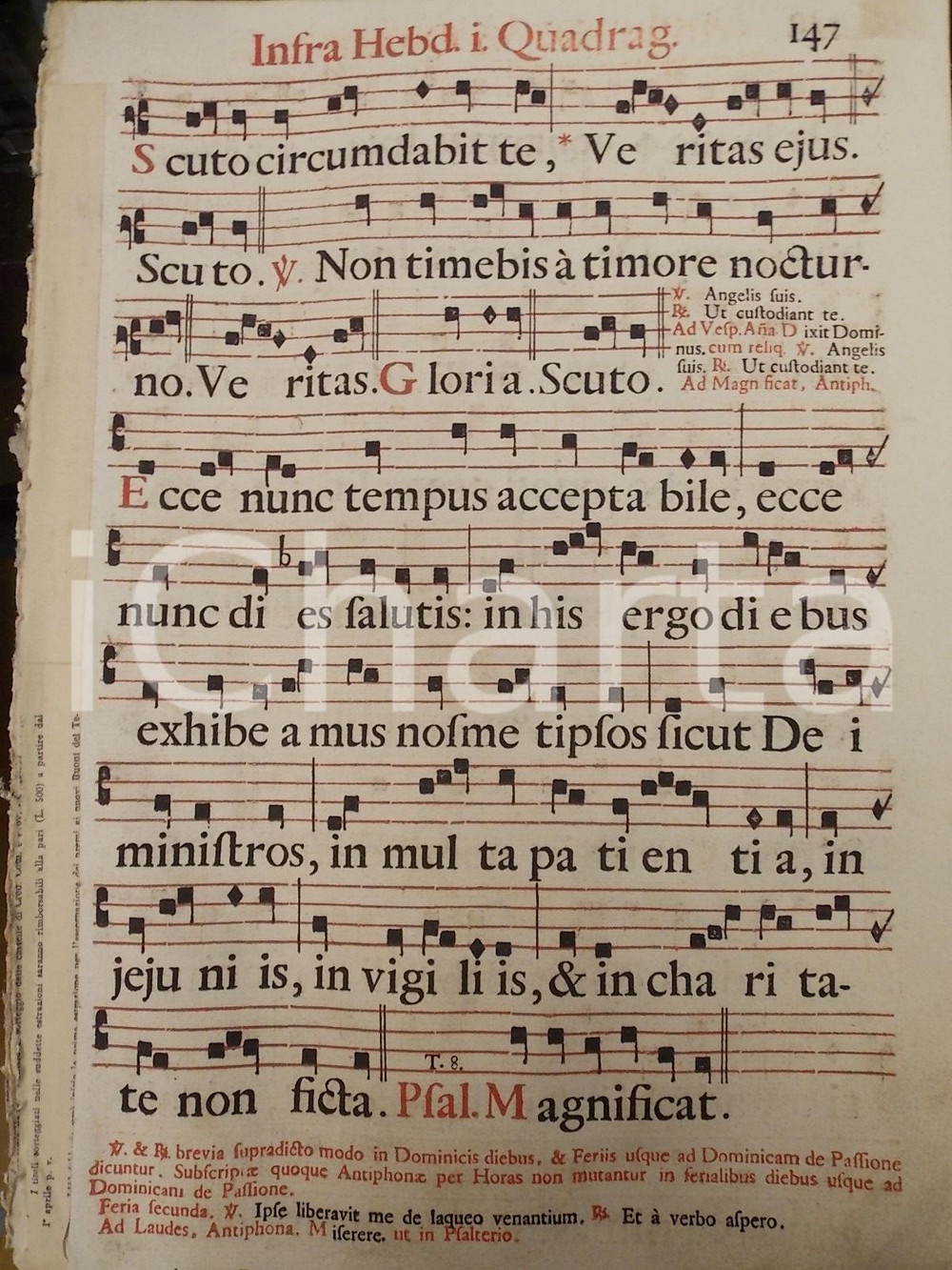 Libro, pubblicazione d epoca 1700 ca ANTIFONARIO ROMANO Pagina canti in rosso e nero QUARANTESIMA settimana 1