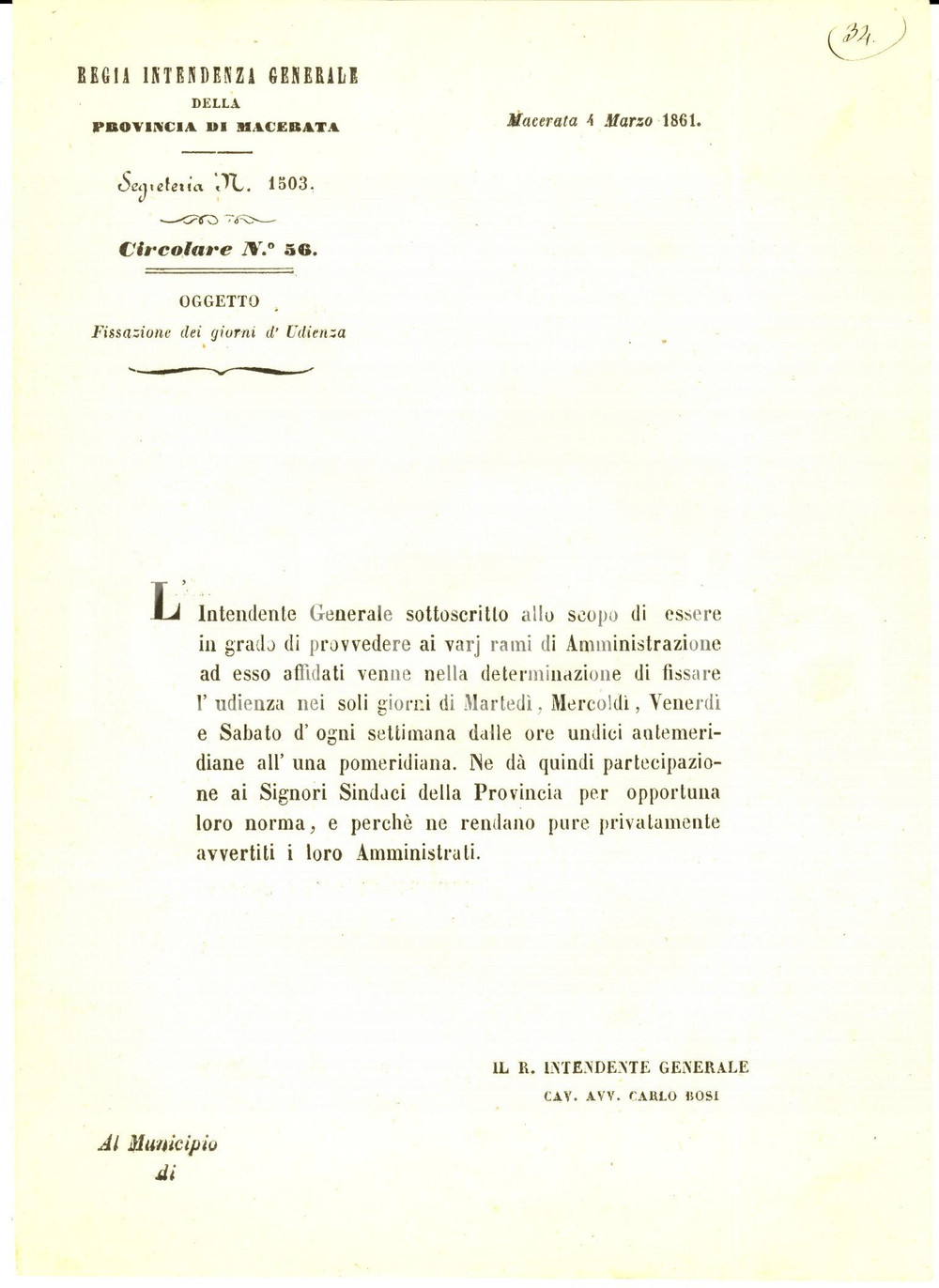 Documento originale, autentico 1861 MACERATA Giorni di udienza intendente Carlo BOSI Lettera circolare 1