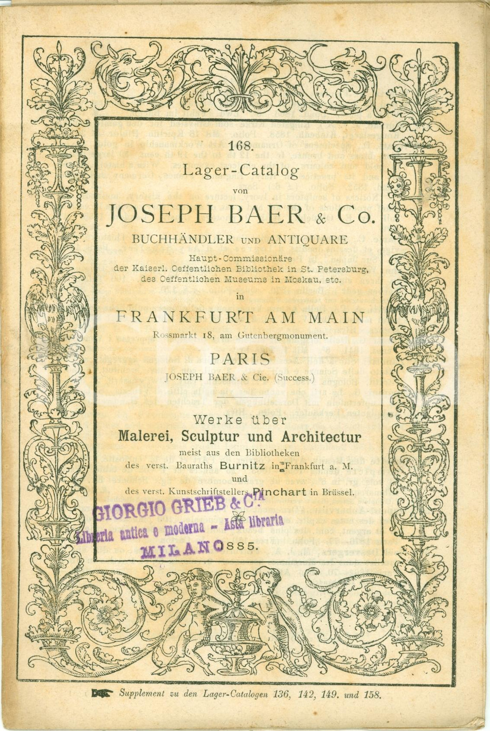 Libro, pubblicazione d epoca 1885 FRANKFURT AM MAIN Catalogo antiquario JOSEPH BAER & Co. Architettura 1