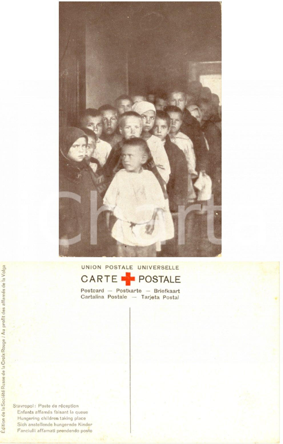 Cartolina originale da collezione 1920 ca STAVROPOL RUSSIA Bambini affamati in coda Cartolina FP NV CROCE ROSSA 1