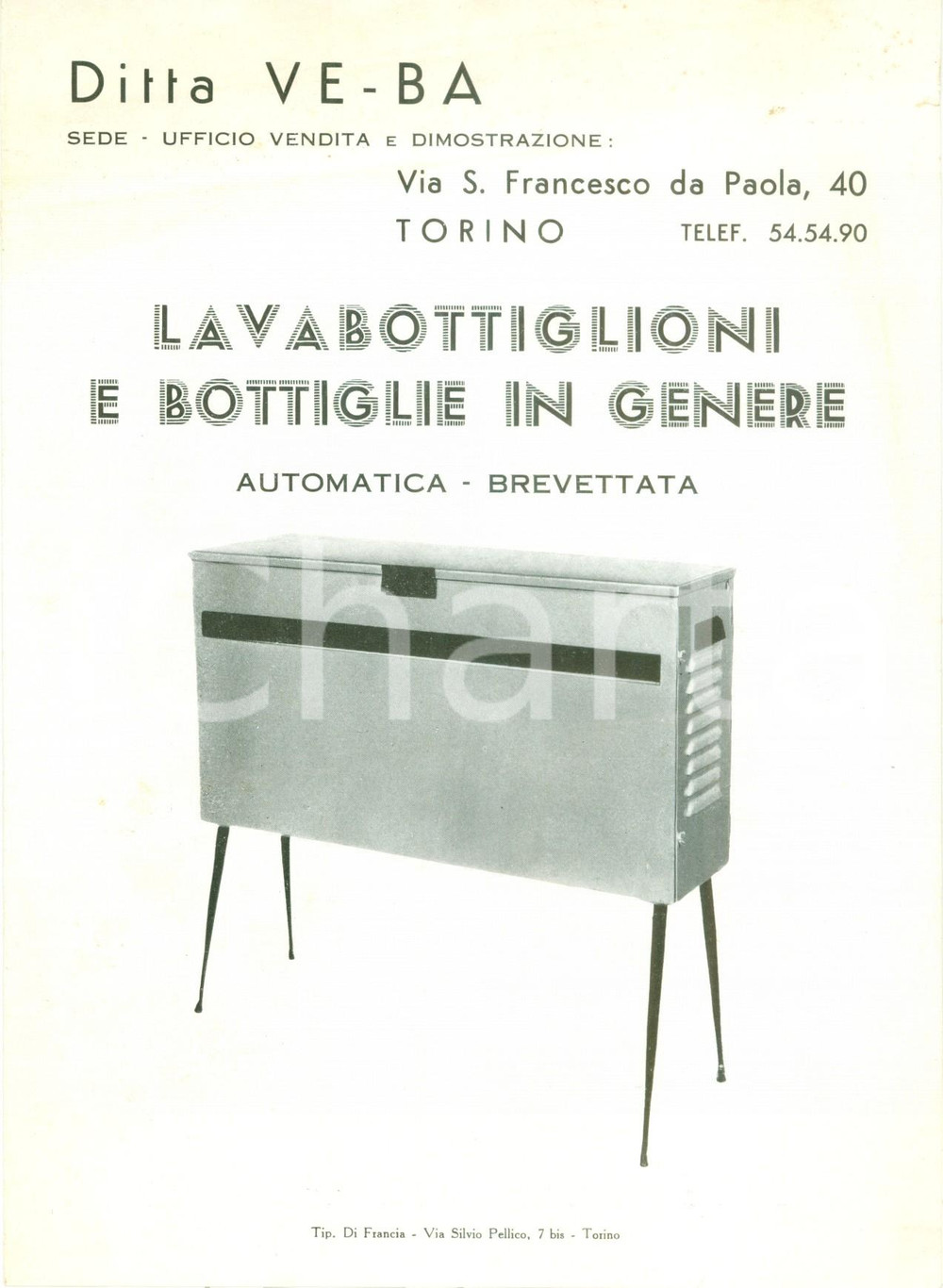 Materiale pubblicitario d’epoca 1950 ca TORINO Ditta VEBA Lavabottiglioni e bottiglie in genere ILLUSTRATO 1