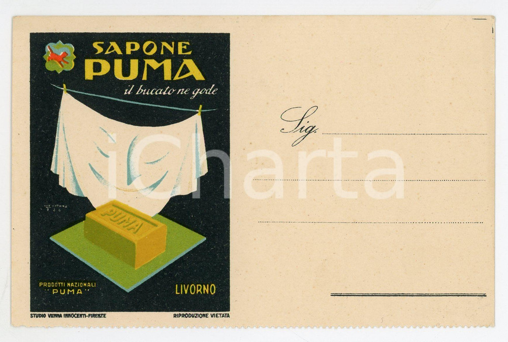 1920 LIVORNO Sapone PUMA Il bucato ne gode - Cartolina ILLUSTRATA FP NV  Cartolina postale d'epoca, non viaggiata.CONDIZIONI: fairFORMATO: FP    originale e autentica 1